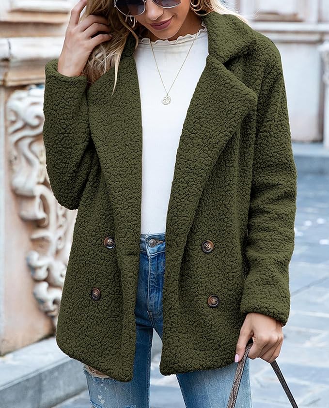 Women's Winter Warm Plush Cardigan Fuzzy Fleece Lapel Jacket with Buttons Pockets Long Sleeve Casual Outerwear