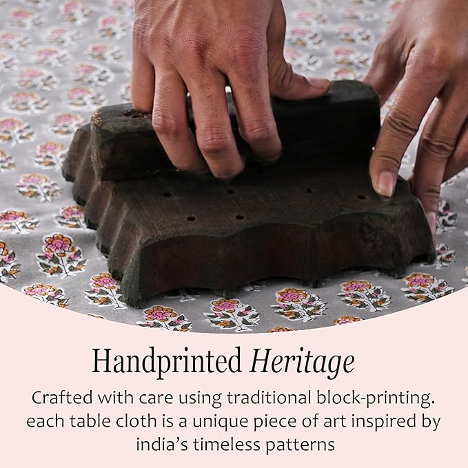 CPC Tablecloth 100% Cotton 72x160 Inch Indian Block Print Rectangle Table Cover, Gray Pink Table Cloth for Weddings, Spring/Summer, Barbeque - Labra Gray