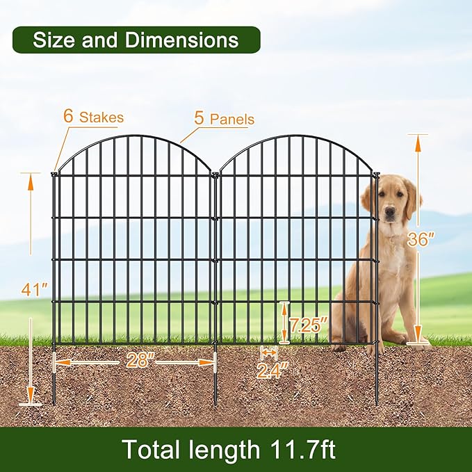 Metal Garden Fence 36in (H) x 11.7ft (L), 5 Panels +6 Stakes Dog Fence Border Fence Animal Barrier, No Dig Garden Fencing for Yard Flower Bed Lawn Patio Outdoor,CTW3605 Black