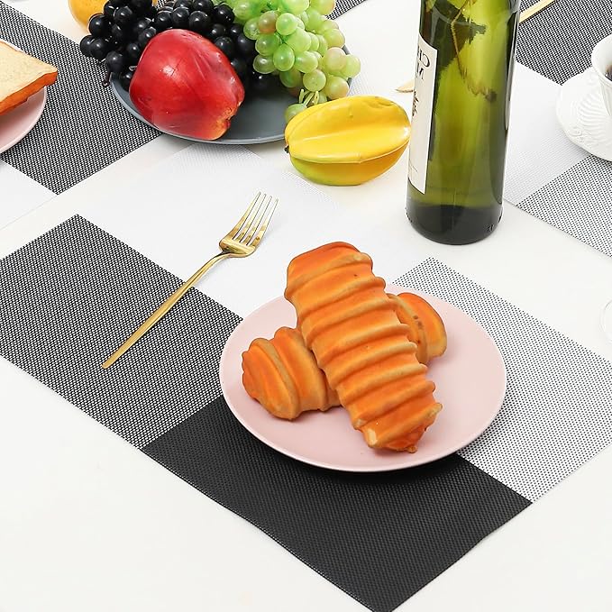 Leetaltree Gray with White Grid Pattern Placemats Set of 6 - Heat Resistant Non-Slip Place mats for Dining Table, Washable Durable PVC Vinyl Woven Table Mats（Grey Grid, 6）