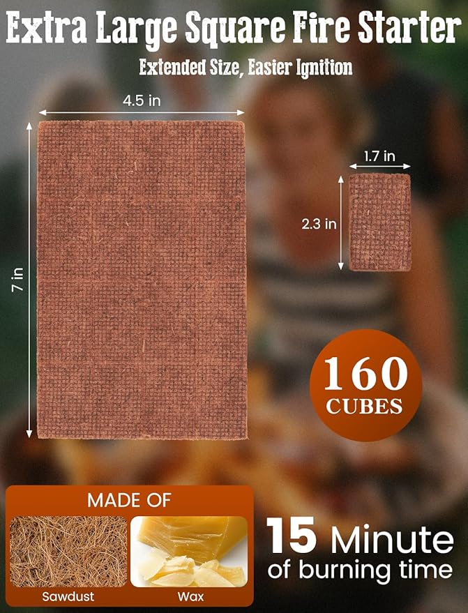 E500 Fire Starter for Campfires, Fireplace, Fire Pits, BBQ, Grills, Larger Charcoal Fire Starter Squares, 160-Count Firestarter, Chimney Charcoal Starter for Grill