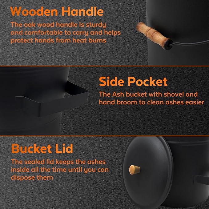 4 Gallon Ash Bucket with Lid and Shovel, Metal Fireplace Ash Bucket with Broom, Complete Fireplace Tools Set for Wood Stove and Fireplace