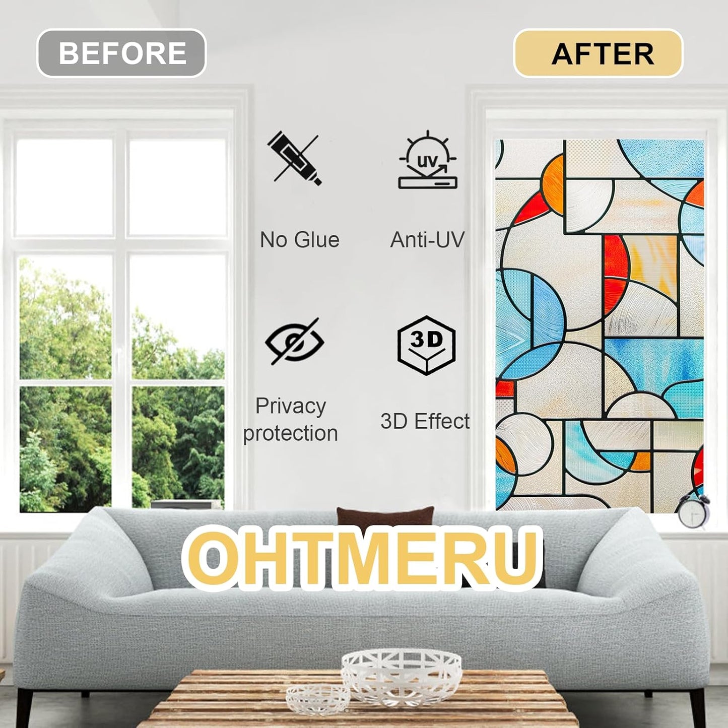 3D Stained Glass Window Privacy Film, Heat Control UV Blocking Static Cling Decorative Window Film for Bathroom,Front Door,Home Non Adhesive,23.6 x 35.4 inches Mondrian Fantasy