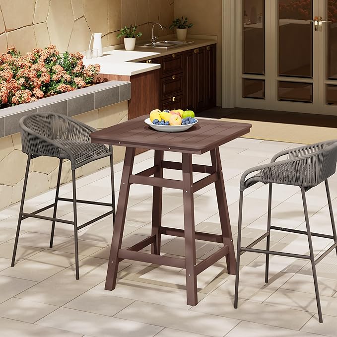 Costaelm Outdoor Bar Table, 37" Counter Height Square Patio Cocktail Bar Table with Umbrella Hole, Patio Bistro Dining Pub Table for Front Porch Deck Backyard Garden, Dark Brown