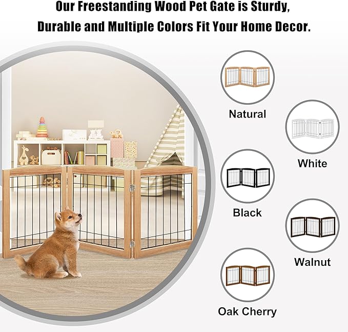LZRS 3-Panel Freestanding Foldable Wooden Dog Gate –Solid Wood & Steel Wire Chew-Resistant Indoor Safety Pet Fence for Doorways & Stairs, Ideal for Small to Medium Dogs & Puppies, Natural