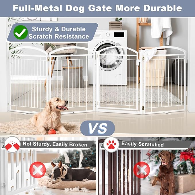 Full Metal Free Standing Dog Gate with Door for Outdoor Indoor,96'' Extra Wide 36'' Tall Dog Gates for Doorways,Large Openings,Decks,Porch,Freestanding Portable Pet Fence(4 Panels,White)