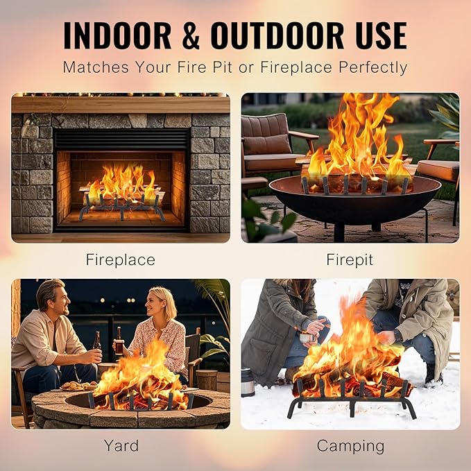Fireplace Grate 20 inch - Fireplace Log Grates Heavy Duty Solid Round Steel | Fireplace Log Holder No Assembly | Burning Wood Log Rack for Indoor Chimney Hearth & Outdoor Camping