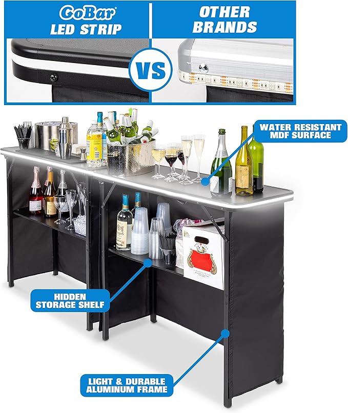 GoPong GoBar Portable Double Bar Table Set with Multi-Color LED Lights - Mobile Bartender Station for Events - Includes Carrying Case