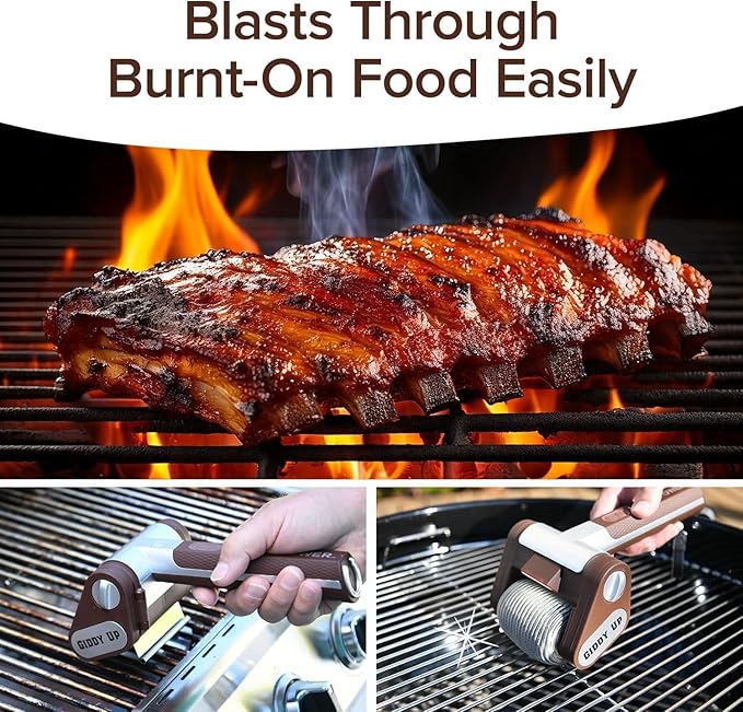 Horsepower Giddy Up GOLD Bristle-Free Spinning Grill Brush w/LED & Longer Run Time, Cordless/Rechargeable, 304 Stainless Steel Power Roller Blasts Away Burnt-On Food, No Bristles No Preheating 350 RPM