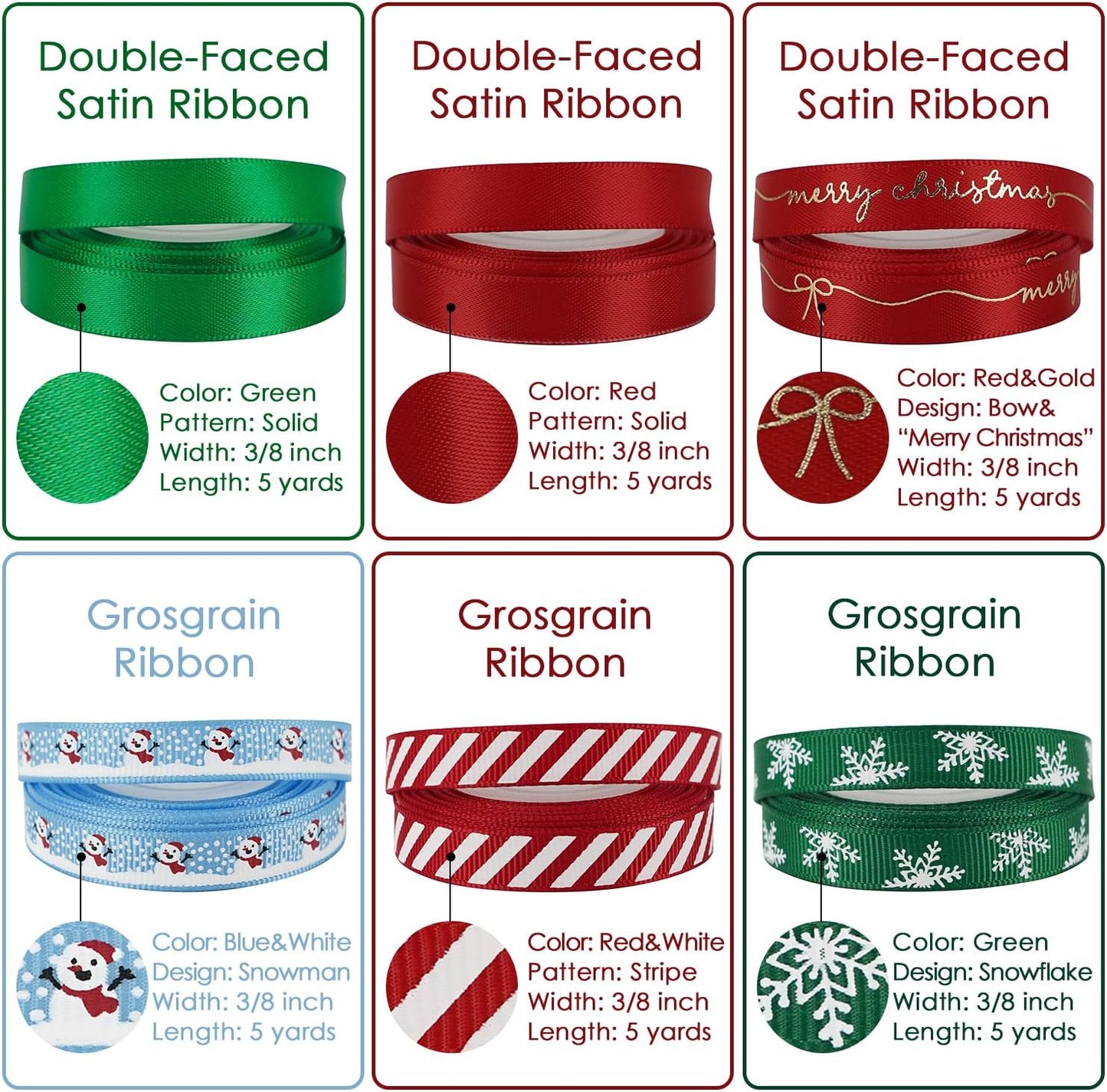 MEEDEE Christmas Ribbon 3/8 inch Thin Holiday Ribbon Set in Red, Green, White, Gold & Silver Color 12 Rolls 60 Yards Perfect for Gift Wrapping, Xmas Wreath Decor, Garlands, and Holiday Crafts