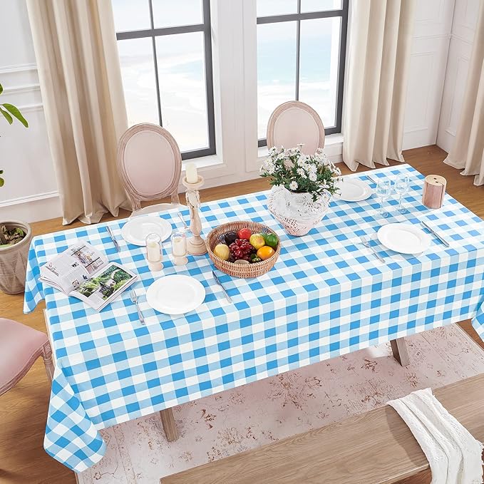 Softalker Gingham Checkered Tablecloth Rectangle - Outdoor Waterproof Buffalo Plaid Table Cloth, Stain Resistant Washable Table Cover for Picnic, Camping, Dining - Blue and White, 60 x 102 Inch