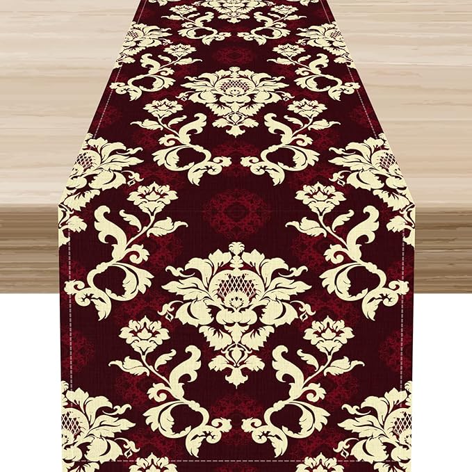 Red Damask Table Runner, Gothic Boho Baroque Style Floral Flower Antique Classic Rustic Vintage Coffee Table Center Decor for Kitchen and Dining Outdoor Home Country Party Table Decorations, 13"x72"