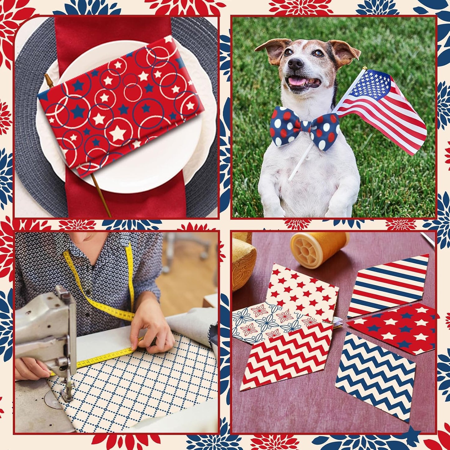Ganeen 60 Pcs 10 x 10 Inch Vintage Patriotic Quilting Fabric Squares Red Blue White Fabric Bundle Retro 4th of July Fat Patchwork Precut Stripes for Memorial Day Handmade Material Sewing DIY Crafts