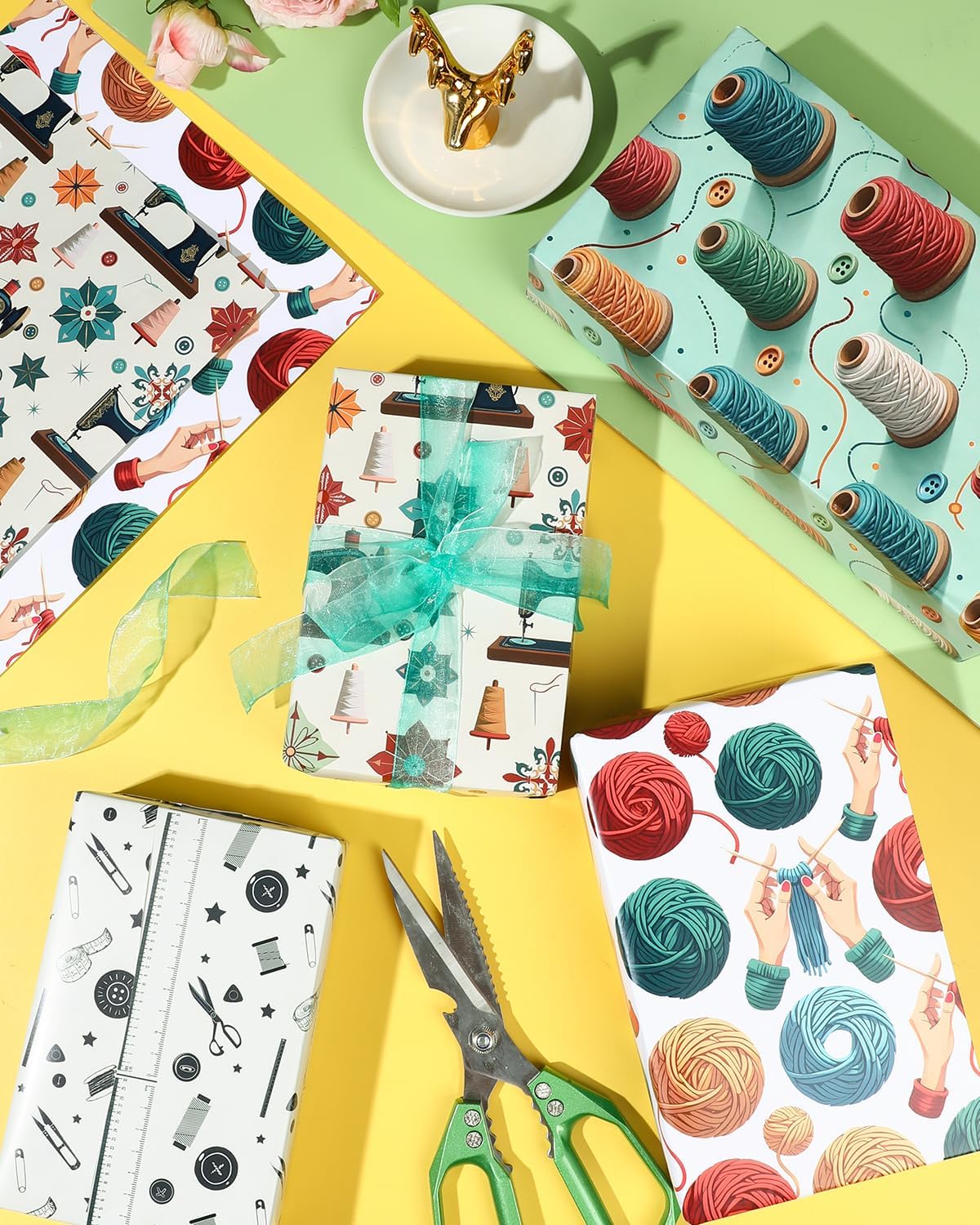 Pineraap 12 Sheets Sewing Theme Wrapping Paper, Vintage Sewing Machine, Button, Yarn Printed Gift Wrap Folded Flat Craft Paper for Sewing Lovers, Seamstress, Women, Mom, Grandma, 19.7 x 27.6 Inch