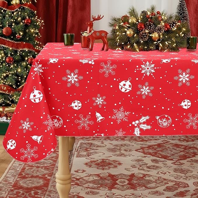 misaya Rectangle Waterproof Vinyl Table Cloth, Wipeable Tablecloth with Flannel Backing, Plastic Table Cover for Dinner, Christmas Party (Bells, 60" x 84")