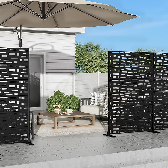Casaphoria Metal Privacy Screen Outdoor, 72" H x 47" W Freestanding Decorative Privacy Screen for Patio Deck Balcony Garden with Stable Base, Black-Gerald