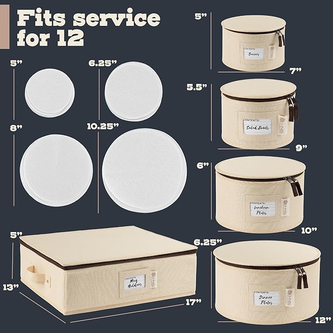 China Storage Hard Shell Containers 5-Piece Set Moving Boxes for Dinnerware, Glasses, Plates, Mugs and Saucers Sturdy Dish Organizer with Dividers for Seasonal Storage - Service for 12 - Beige