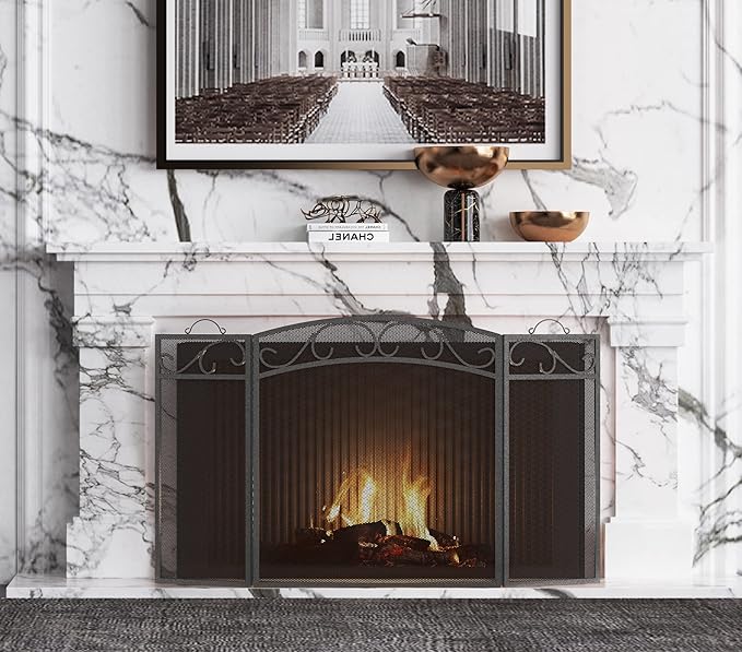Fire Beauty Fireplace Screen 3 Panel with Handles Wrought Iron 51"(L) x31(H) Spark Guard Cover(Pewter)