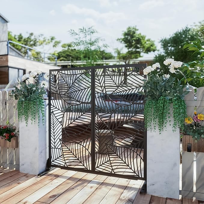 Casaphoria 72" H x 47" W Metal Outdoor Privacy Screen, Freestanding Decorative Divider for Patio, Deck, Balcony, and Garden with Stable Base, Black Leaves