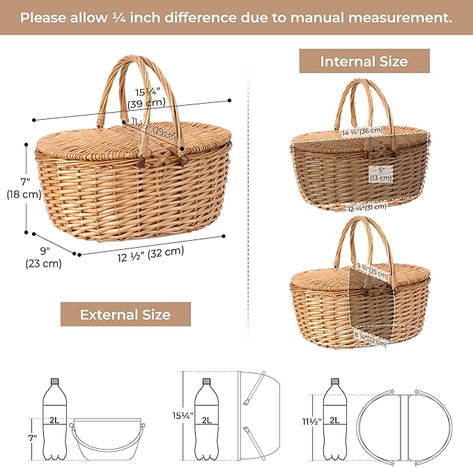 GRANNY SAYS Picnic Basket, Wicker Basket with Insulated Cooler, Woven Cute Basket with Handle, Storage Basket with Washable Lining & Dual-Flid Lid, Natural Willow Picnic Hamper