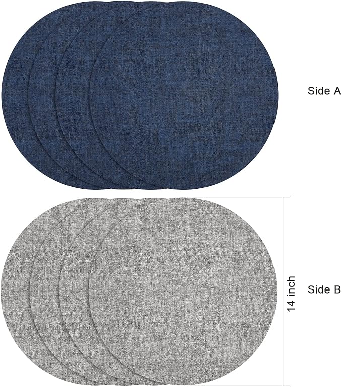 Myir JUN Round Placemats Dual Sided, Faux Leather Place Mats Set of 4 Indoor Placemat for Dining Table Outdoor Place Mat Non-Slip Washable Table Mats (Gray Blue, Set of 4)