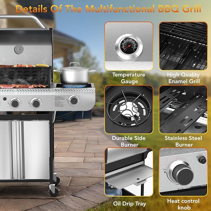 3-Burner Propane Gas BBQ Grill with Side Burner,Stainless Steel Gas Grill with Cast Iron Grates,37000 BTU Barbecue Grill, Suitable for Outdoor Cooking,Camping,Patio Backyard