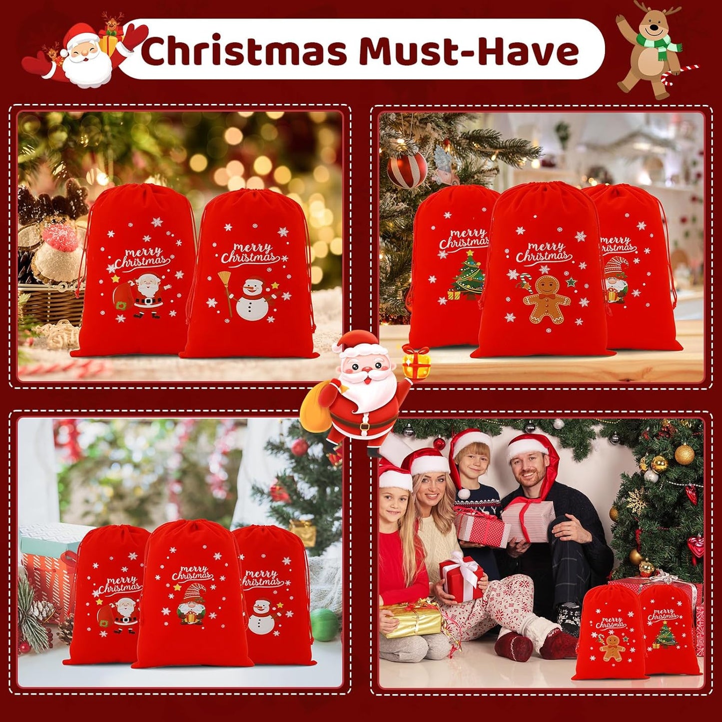 Tapleap Velvet Coth Christmas Bags with Drawstring, 50Pcs 7x10 for Wrapping Christmas Party Favors or Gifts for Friends, Small Bussiness, Coworkers