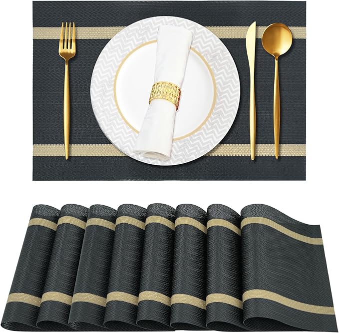 Luxurious Placemats Set of 8,Vinyl Table Place Mats Stain Resistant Foldable Placemats Washable Wipeable Placemat for Kitchen Dining Table Decoration Indoor Outdoor (Black)