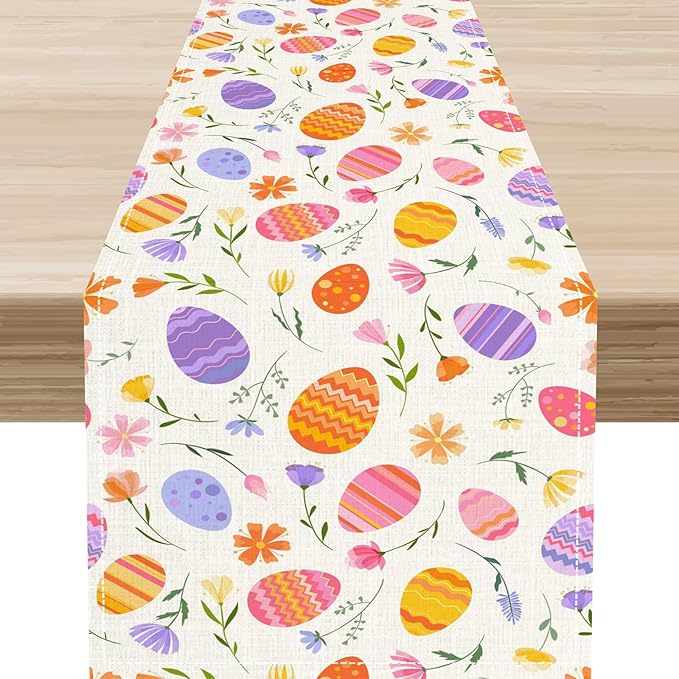 Easter Egg Table Runner,Colorful Egg Pattern Flowers Spring Summer Seasonal Table Center Decor for Family Kitchen and Living Room Outdoor Farmhouse Party Table Decorations, 13"x36"