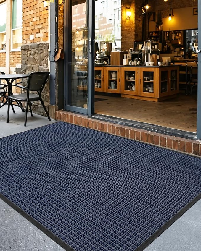 DEXI Front Door Mat Outside Entrance, 3x5 ft Rubber Entry Doormat Heavy Duty, Welcome Mats Non Slip for Inside House Floor Entryway Back Doors Exterior Patio, Squares Blue
