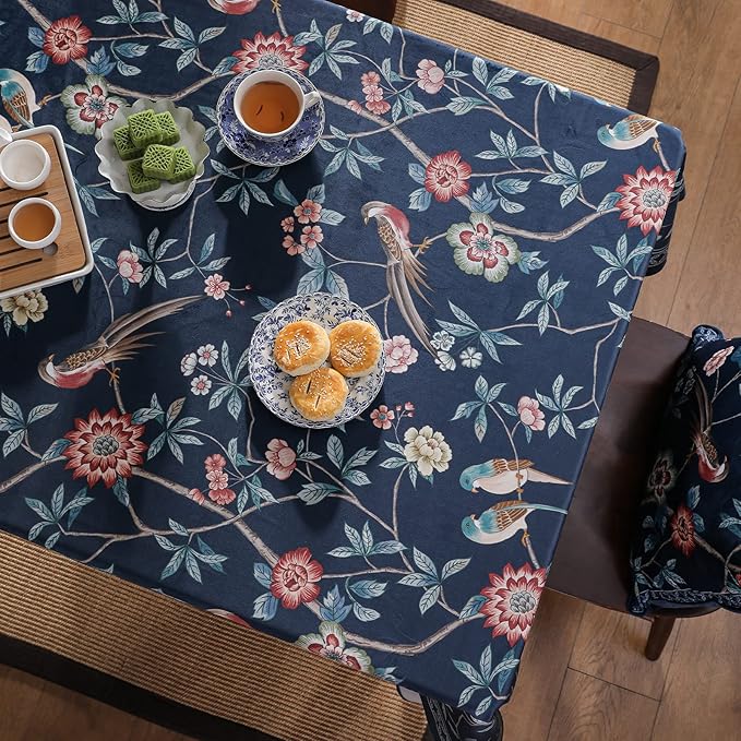 patdrea Designer Dark Blue Linen Rectangle Tablecloth,Vintage Navy French Floral and Birds Pattern Table Cloth,Decoration Table Cover for Kitchen,Dining,Tea Party,Home,Christmas,63"*87"