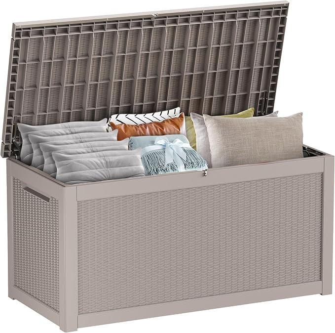 320 Gallon Large Deck Box,Resin Outdoor Storage Box with Lockable for Patio Furniture, Pool Accessories, Garden Tools Waterproof Outside Storage Box, Grey
