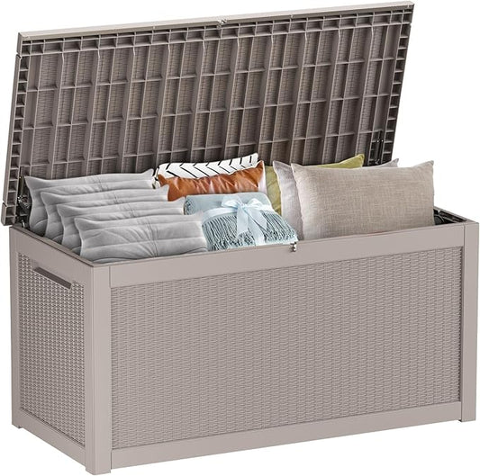 320 Gallon Large Deck Box,Resin Outdoor Storage Box with Lockable for Patio Furniture, Pool Accessories, Garden Tools Waterproof Outside Storage Box, Grey