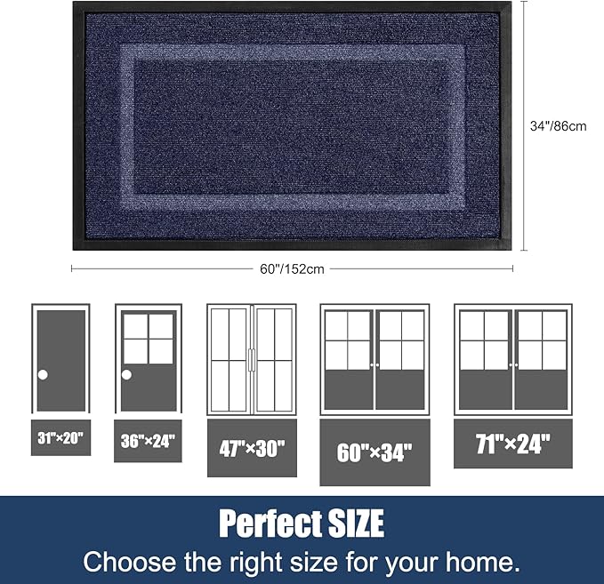 Extra Large Front Door Mat Outside Entrance Indoor Doormat, 60" x 34" Outdoor Mats for Patio Waterproof, Outdoor Door Mats for Outside Entry, Indoor Rugs for Entryway, Sturdy Natural Rubber, Blue