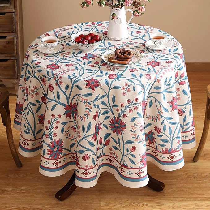 Designer Linen Floral Small Round Tablecloth,Vintage William Morris Wrinkle Resistant Table Cloth,Decor Table Cover for Kitchen,Dining,Thanksgiving,Christmas,Diameter 55"-Dorodango B