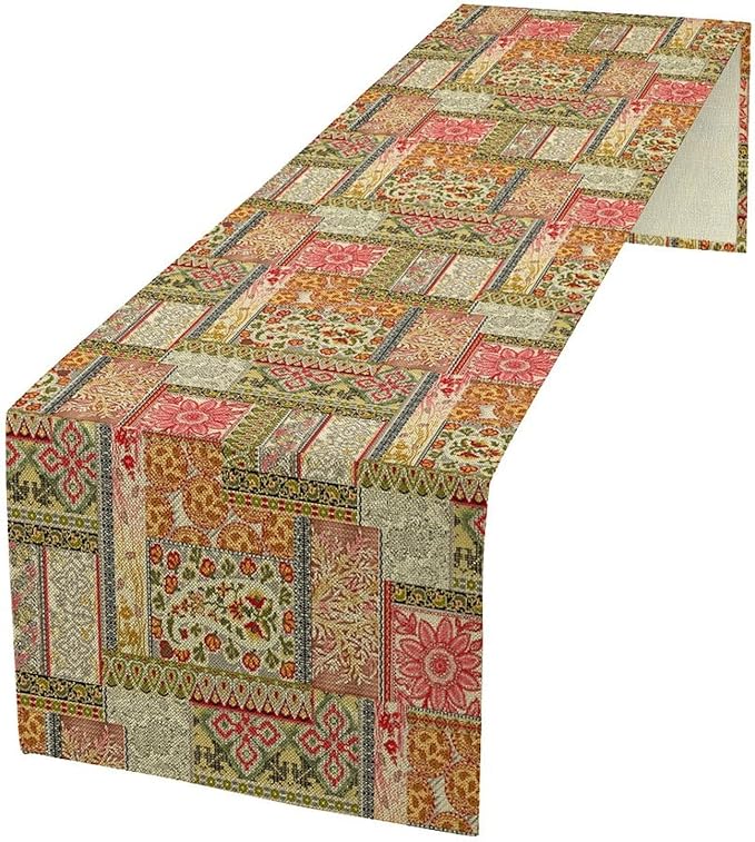 Colorful Patchwork Table Runner, Boho Floral Vintage Wildflower Rustic Paisley Design Table Runner for Dining Coffee Party Holiday Farmhouse 13x90in