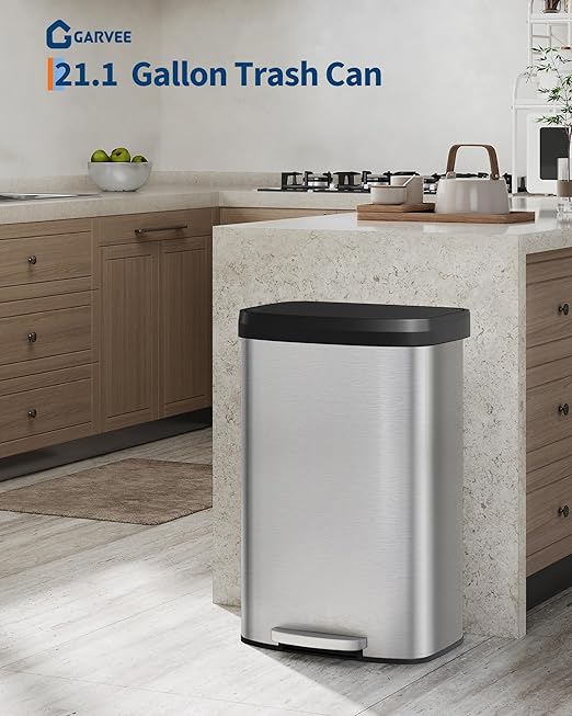 Garvee 21 gal / 80 L Stainless Steel Trash Can with Lid, Large Garbage Can for Kitchen, Rustproof Step-on Kitchen Metal Trash Bin with Liner Rim, Rear Handle, Soft Close Plastic Lid, Silver