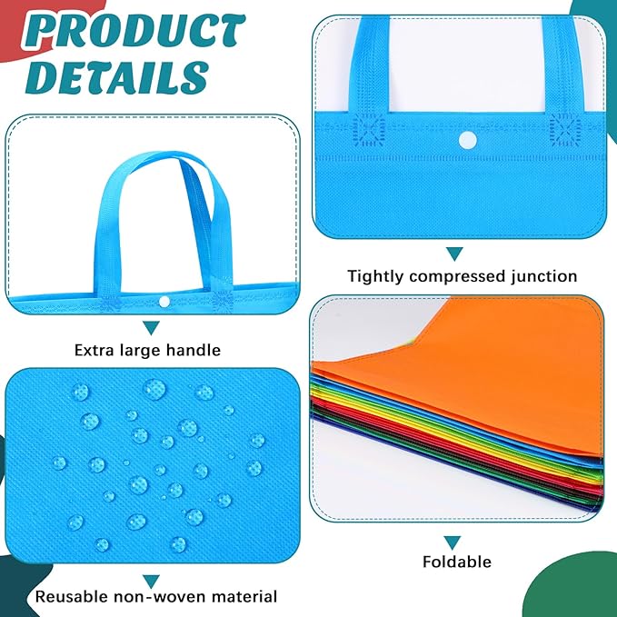 Paterr 150 Pcs Reusable Grocery Bags Bulk Large Grocery Shopping Tote with Handle Multicolor Non Woven Portable Tote Foldable Gift Bag with Button, 14.96 x 12.6 x 3.94 inches