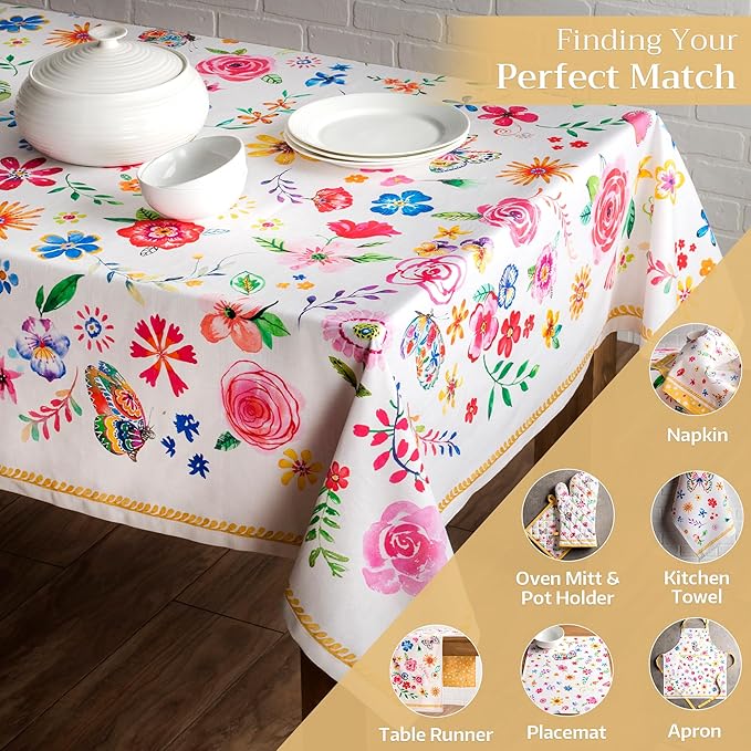 Maison d' Hermine Table Cloth Rectangle Table 100% Cotton 70 x 120 Inches Tablecloth Reusable for Dining Room, Farmhouse, Home, Party, Festive & Wedding Spring Summer - Happy Florals - Sweety