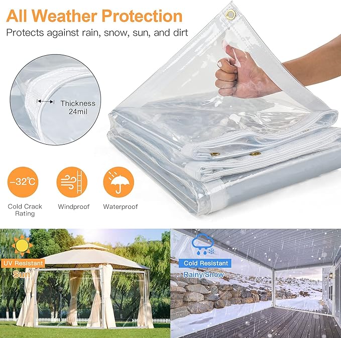 6 x 20FT Outdoor Clear Tarp Curtain Waterproof Wind-Proof 24 Mil Transparent Vinyl Tarp for Patio Pergola Garden Canopy Rainproof Anti-Tear PVC Thick Cover with Grommets