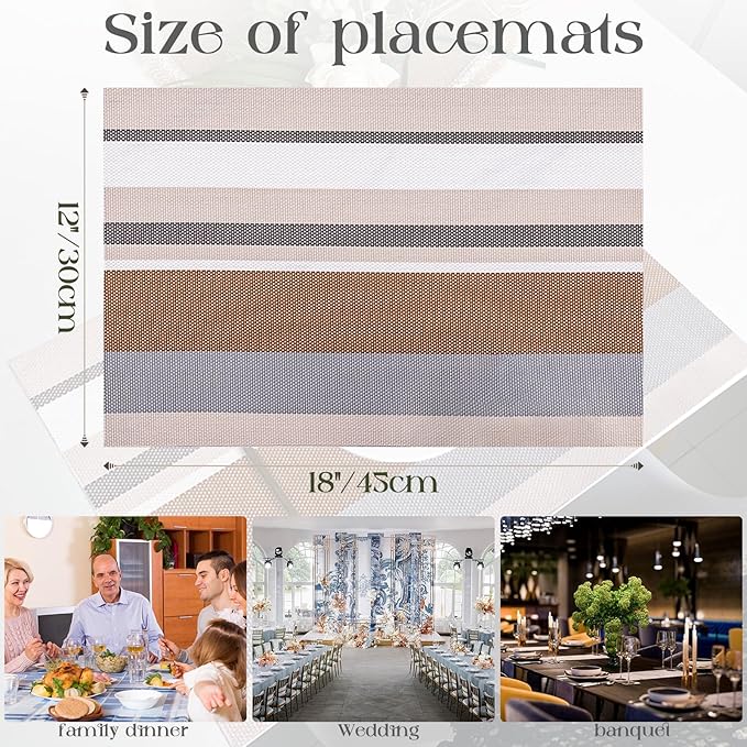 Set of 6 Colorful Striped Vinyl Placemats Heat-Resistant Washable Placemats Non-Slip Woven Table Mats Wipeable Placemat for Kitchen Dining Table Decoration Indoor Outdoor (Beige&Ivory)
