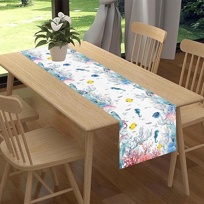 Nautical Table Runner, Summer Coastal Starfish Seahorse Seashells Coral Tropical Ocean Beach Colorful Farmhouse Coffee Table Center Decor for Home Kitchen Dining Patio Indoor Outdoor, 13"x90" Inch