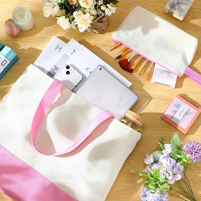 Sanwuta 24 Pcs Canvas Tote Bags Bulk with Zipper Cosmetic Bags 18.5" Cotton Canvas Bag with Handles Reusable Shopping Bags