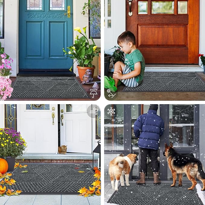 Smiry Front Door Mat Outside Entrance, Heavy Duty Sturdy Natural Rubber Doormat, Trap Dirt and Moisture, Easy Clean Low Profile Mats for Indoor Outdoor Entry, Irregular Triangle (59x35, Grey)