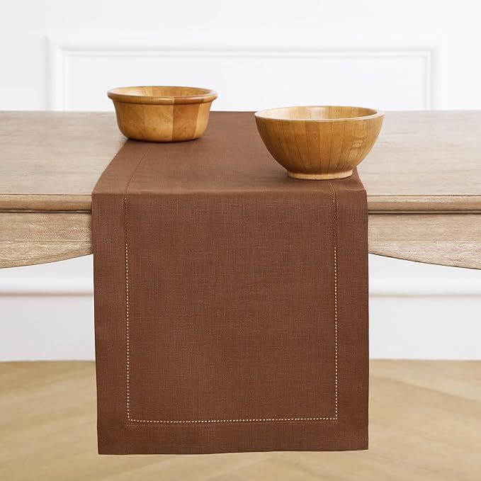 Solino Home Linen Brown Table Runner 60 Inches - Classic Hemstitch, 100% Pure Linen Coffee Table Runner 14 x 60 Inch Ideal for Dresser Tables
