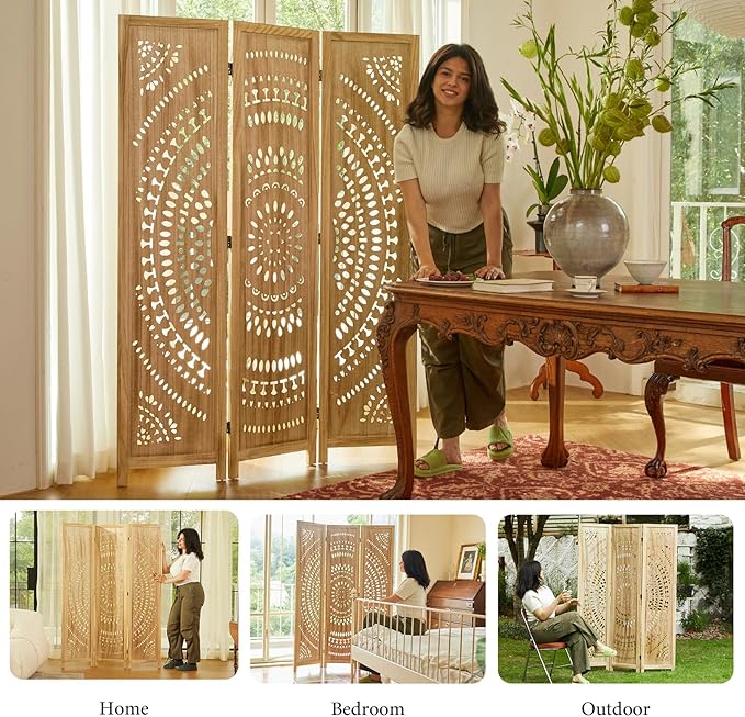 Room Divider Wood Carved Wall Divider Indoor Folding Bohemian Style Portable Partition Screen for Home Office Garden Terrace - 3 Panels (Natural)