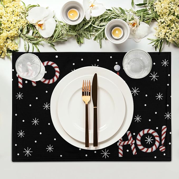 Giwawa Christmas Placemats Set of 4, Santa Claus Laugh Winter Snowflake Black Table Mat 12x18 Inch, Xmas Sweet Candy Cane Stick Heat Resistant Washable Place Mats for Dining Kitchen Holiday Decor