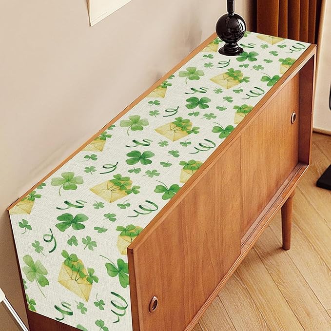 Clover Table Runner,Retro Rustic Green Shamrock Yellow Envelope Spring Seasonal Holiday St.Patrick's Day Table Center Decor for Home Kitchen Dining Holiday Party Indoor Decorations, 13"x90"