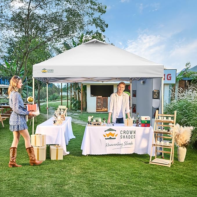 CROWN SHADES Canopy Tent 10x10 Pop Up Canopy Outdoor Shade with Pockets Sidewall, Easy Up Sun Shelter with One Person Set Up Center Lock, Portable Instant Camping Beach Canopy Tents, Grid White