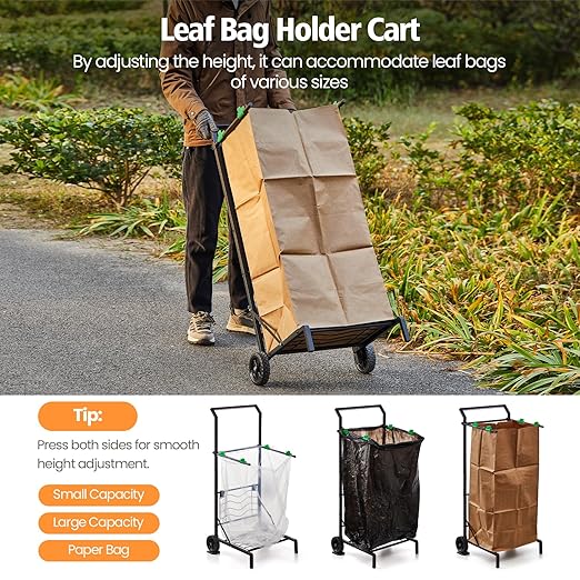 Foldable Leaf Bag Holder, Mobile Trash Bag Holder Stand with Removable Arms and Dual Fixing Design, Adjustable 30-45 Gallon Portable Lawn Bag Cart for Yard Cleanup, Gardening, Leaves, Camping, Parties